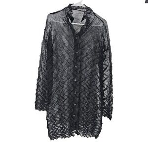 Vintage Y2K Tunic Dress Black Sheer Lagenlook Button Down Ruffle Minimalist M